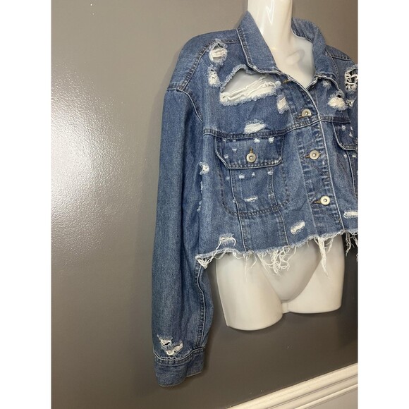 Highway Jeans Jacket Womens 2X Distressed Cropped Raw Hem Trucker VD703E1MCK - Picture 2 of 9